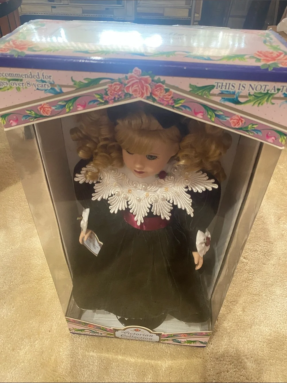 Porcelain Collector Doll in Black Velvet Dress with White Lace Collar